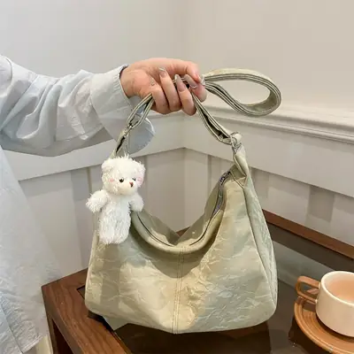 2024 Soft Puffer Shoulder Bag with Teddy Bear Pendant