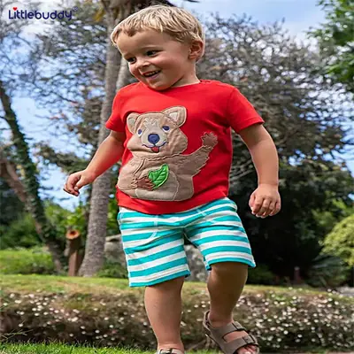 Kids Red Bear Print T-Shirt Shorts Set Summer Cotton