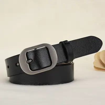 Women's Black Leather Belt with Silver Buckle