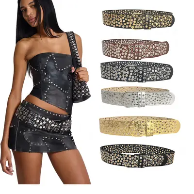 Y2K Punk Wide Belt Air Eye Rivets Gold