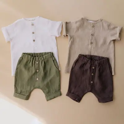 Boys Hemp Cotton Shorts Solid Green Button Front