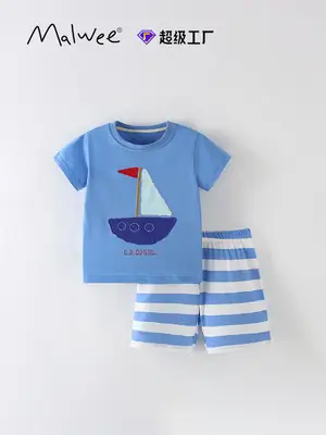 Malwee Boys Blue Sailboat T-Shirt Striped Shorts Set
