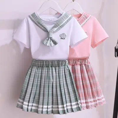 Girls Plaid Pleated Summer Dress Pink
