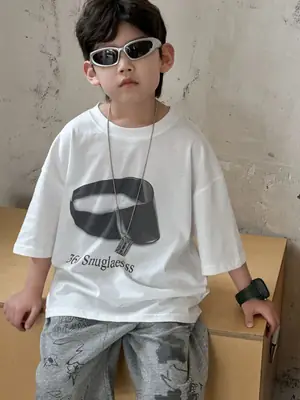 Boys White Graphic Cotton T-Shirt Loose Fit 2025