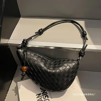 Black Woven Crescent Moon Shoulder Bag for Women