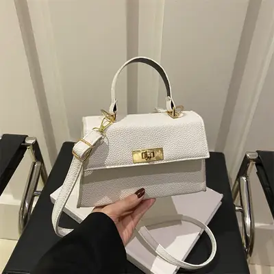 White Leather Shoulder Bag with Gold Hardware