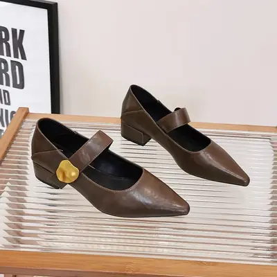 Black Pointed Mary Jane Women's Leather Shoes with Gold Bow