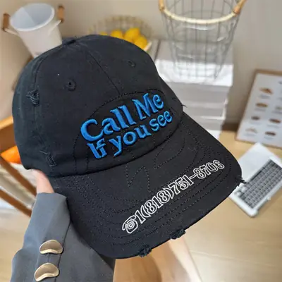 Black Embroidered Call Me If You See Cap for Girls