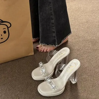 Women White Rhinestone Heel Sandals 2025