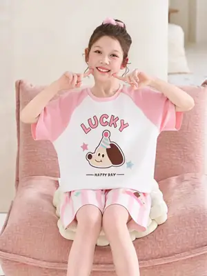 100% Cotton Medium and Large Kidsren's Pajamas Summer Girls Cartoon Short-Sleeved Shorts Home Clothes Girls Suit New Style