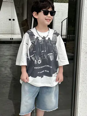 Boys Printed Cotton T-Shirt Grey Short Sleeve Medium