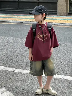 Boys Printed T-Shirt Shorts Set Maroon Denim 2025