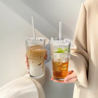Stylish Glass Cups with Straw for Juice & Coffee