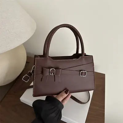Brown Textured Bow Shoulder Bag for Women