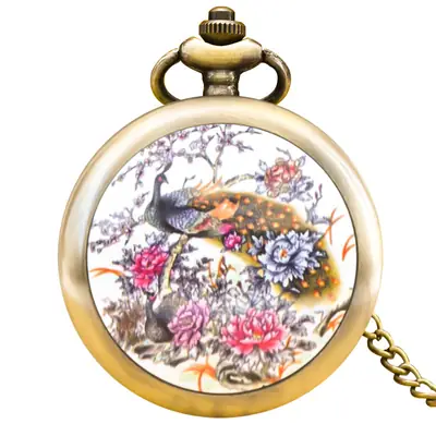Enamel Pocket Watch Necklace with Blue & White Porcelain Design