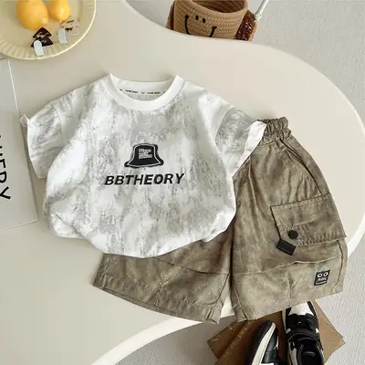 Boys Cotton Printed Shorts Set White Brown