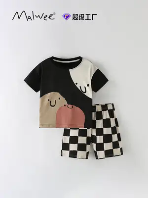 Malwee Boys Printed T-Shirt Shorts Set Black White Checkered