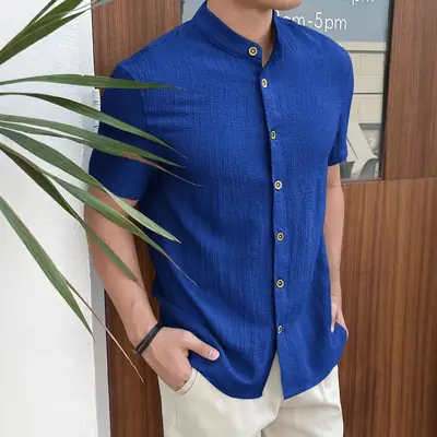 Men's Loose Fit Beige Button Shirt Short Sleeve