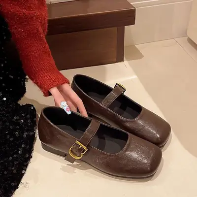 Brown Leather Mary Jane Flat Shoes Square Toe