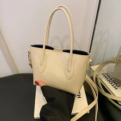 Beige Leather Shoulder Bag Large Capacity Women