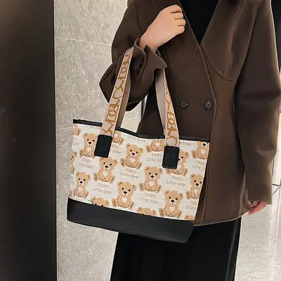 Women Canvas Printed Bear Bag Large Capacity Brown