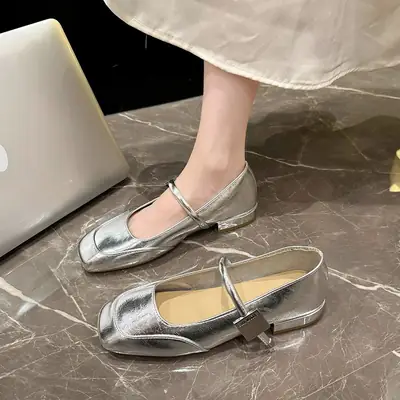 Silver Square Toe Mary Jane Flats for Women