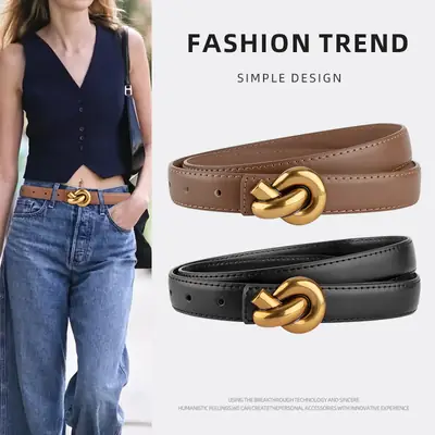 Coffee Color Genuine Leather Twist Buckle Belt for Women