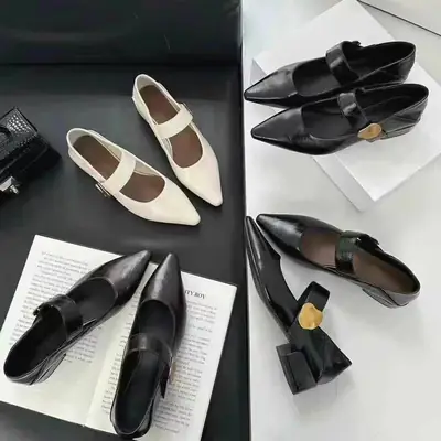 Mary Jane Leather Shoes Pointed Toe Chunky Heel Women