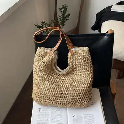 Women's Woven Straw Shoulder Bag with Leather Strap