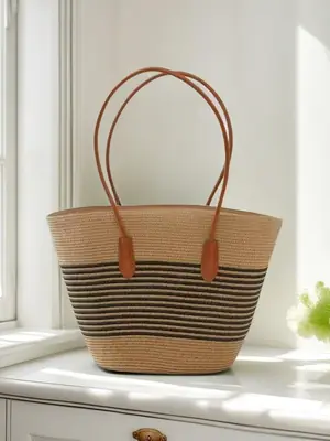 Striped Straw Woven Bag for Women Summer Large Capacity