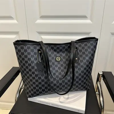 Women's Black Checkered Check Tote Bag Large Capacity