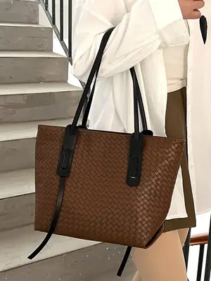 Women Brown Woven Tote Bag Large Capacity Commuter Shoulder Bag