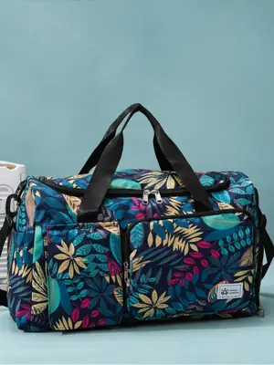 Tropical Print Travel Bag with Leather Handle