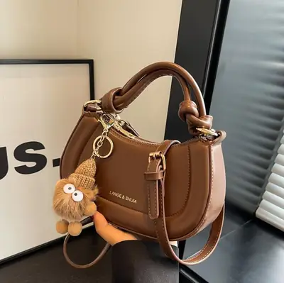 Women's Brown Leather Shoulder Bag with Cute Keychain
