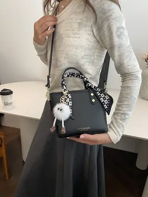 Women Black Contrasting Pom Pom Shoulder Bag