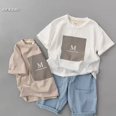 Women's 2Pc Cotton T-Shirt Set Beige Light Blue Short Sleeve