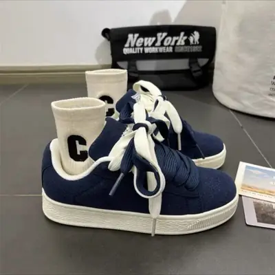 Women's Blue Vintage Platform Board Shoes Low-Top Double Lace-up