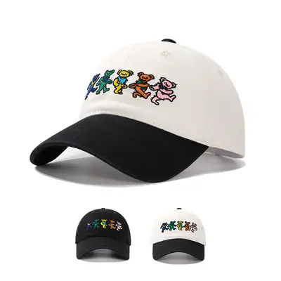 Women Embroidered Dancing Bear Cap Black White