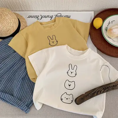 Children Summer Bunny Print T-Shirt Yellow White Loose Fit