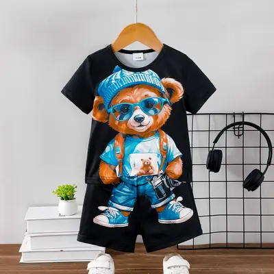 Boy Bear Print Shorts T-Shirt Set Black Summer