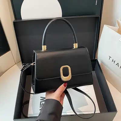 Black Square Shoulder Bag with Gold Clasp