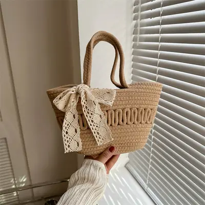 Women's woven straw tote bag with bow for spring summer