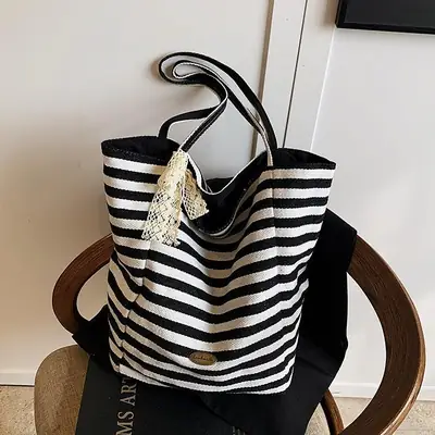 Women's Striped Crossbody Bag with Gold Embroidery