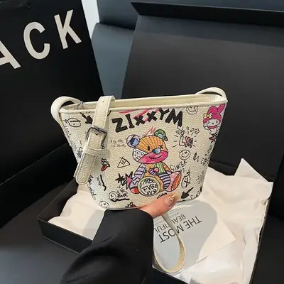 Female Cartoon Bear Print Bucket Bag 2025 New Spring Korean Style