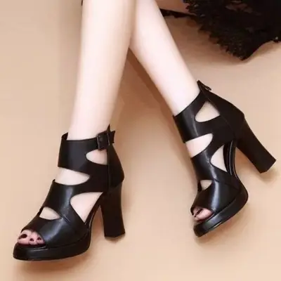 Women's Black Hollow-Heel High-Step Sandals