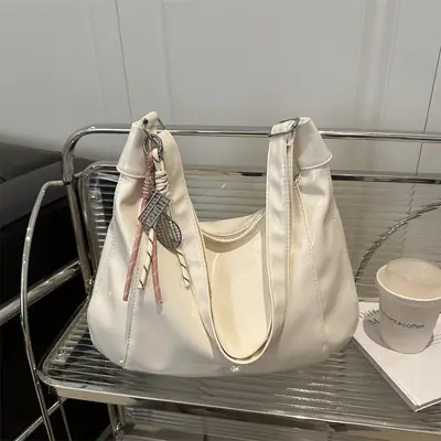 Women's Cream Shoulder Crossbody Tote Bag with Tassel