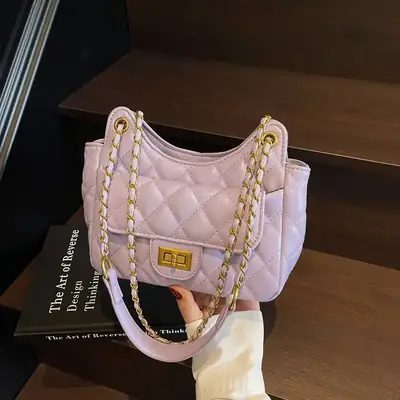 Pink Diamond Lattice Shoulder Bag with Gold Chain