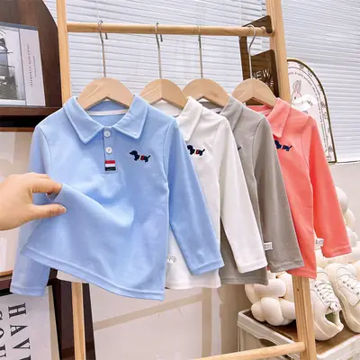 Children's Long Sleeve Cotton Polo Shirt Blue White Grey Orange