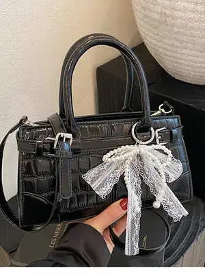 Black Croc Embroidered Crossbody Bag with Lace Bow