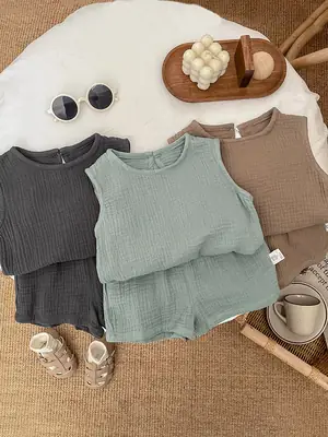 Summer Boys Cotton Vest Shorts Set Green Brown